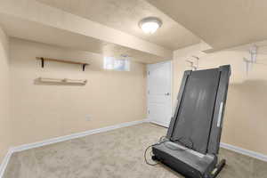 Workout area featuring light colored carpet and a textured ceiling