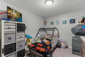 Bedroom featuring light colored carpet and baseboards