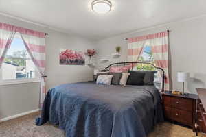 Bedroom with dark colored carpet and baseboards
