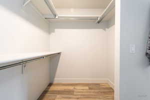 Walk in closet with light wood-style floors