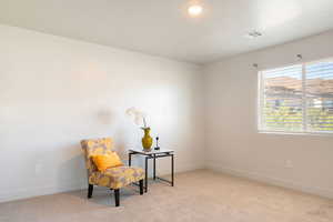 Sitting room featuring light colored carpet and a mountain view