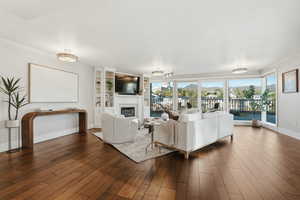 Living area featuring a glass covered fireplace and dark wood-style flooring