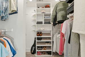 Walk in closet featuring light carpet