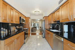 Kitchen featuring stainless steel appliances, dark stone countertops, and wood finish cabinets