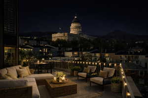 Patio at twilight with a patio area and outdoor lounge area