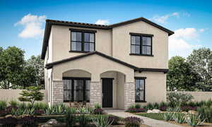 Mediterranean / spanish house with stucco siding, stone siding, and covered porch