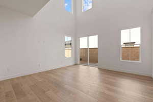Spare room with healthy amount of natural light, light wood-type flooring, and a high ceiling