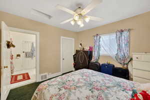 Bedroom featuring carpet floors and ceiling fan