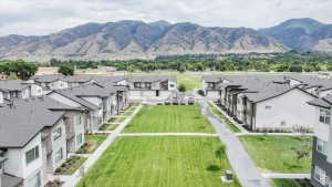 Aerial view of residential area with a mountain backdrop