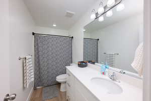 Bathroom with vanity, light wood finished floors, and curtained shower