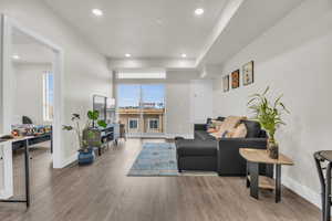Living area with light wood-style flooring and recessed lighting