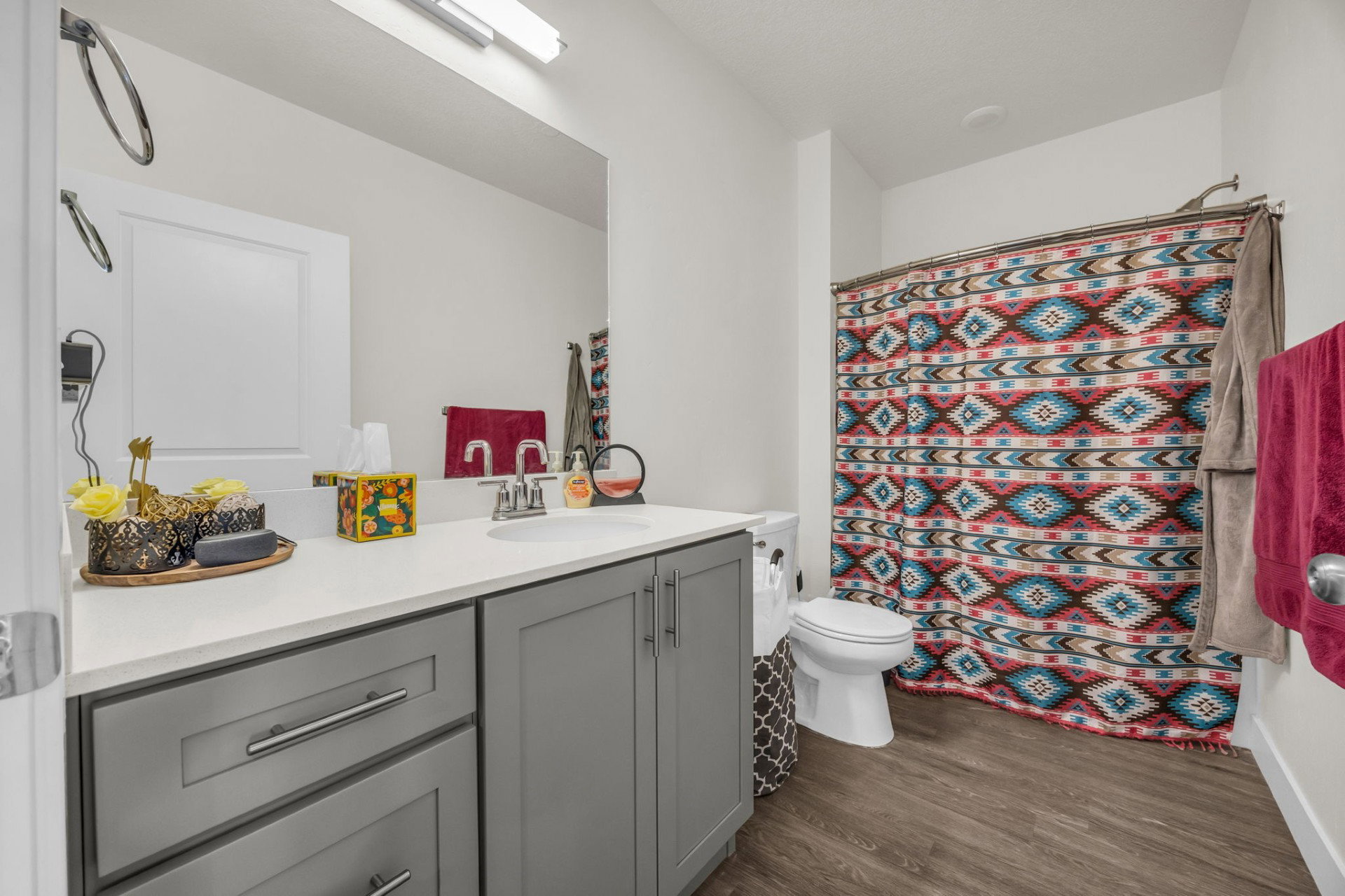 Full bathroom featuring vanity, a shower with curtain, and dark wood-type flooring