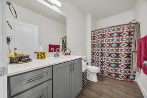 Full bathroom featuring vanity, a shower with curtain, and dark wood-type flooring