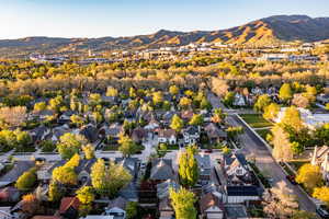 Aerial view of residential area with a mountain backdrop