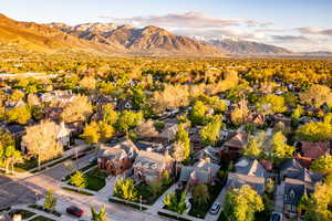 Aerial perspective of suburban area featuring mountains
