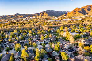 Aerial view of residential area with mountains