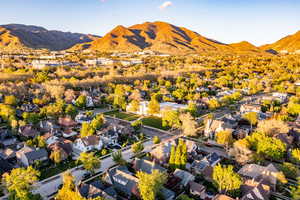 Aerial perspective of suburban area featuring mountains