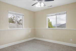 Unfurnished room featuring carpet, healthy amount of natural light, and ceiling fan