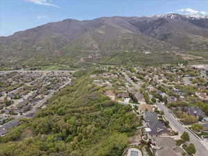 Aerial perspective of suburban area with a mountain backdrop