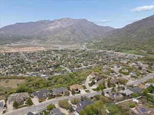 Aerial view of residential area with mountains