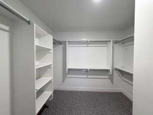 Walk in closet featuring dark colored carpet