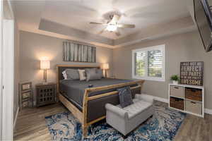 Master Bedroom featuring a tray ceiling, a ceiling fan, and wood finished floors