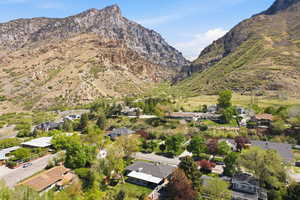 Aerial view of residential area with mountains