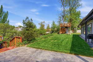 View of green lawn with a patio area and stairs