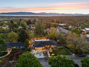 Aerial view at dusk of a mountain view and a residential view