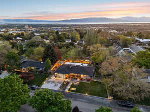 Aerial view of residential area with a mountain backdrop