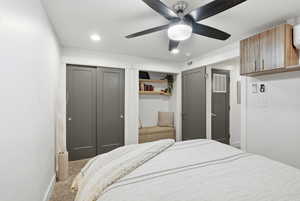 Bedroom featuring carpet flooring, a closet, ceiling fan, and recessed lighting