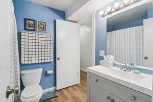 Full bath featuring vanity, a shower with shower curtain, and light wood-type flooring