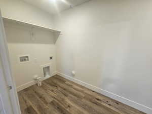 Laundry room with dark wood finished floors, hookup for an electric dryer, and hookup for a washing machine