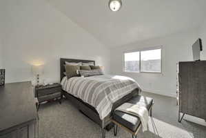 Bedroom featuring lofted ceiling and light carpet