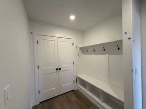 Mudroom featuring dark wood finished floors and recessed lighting