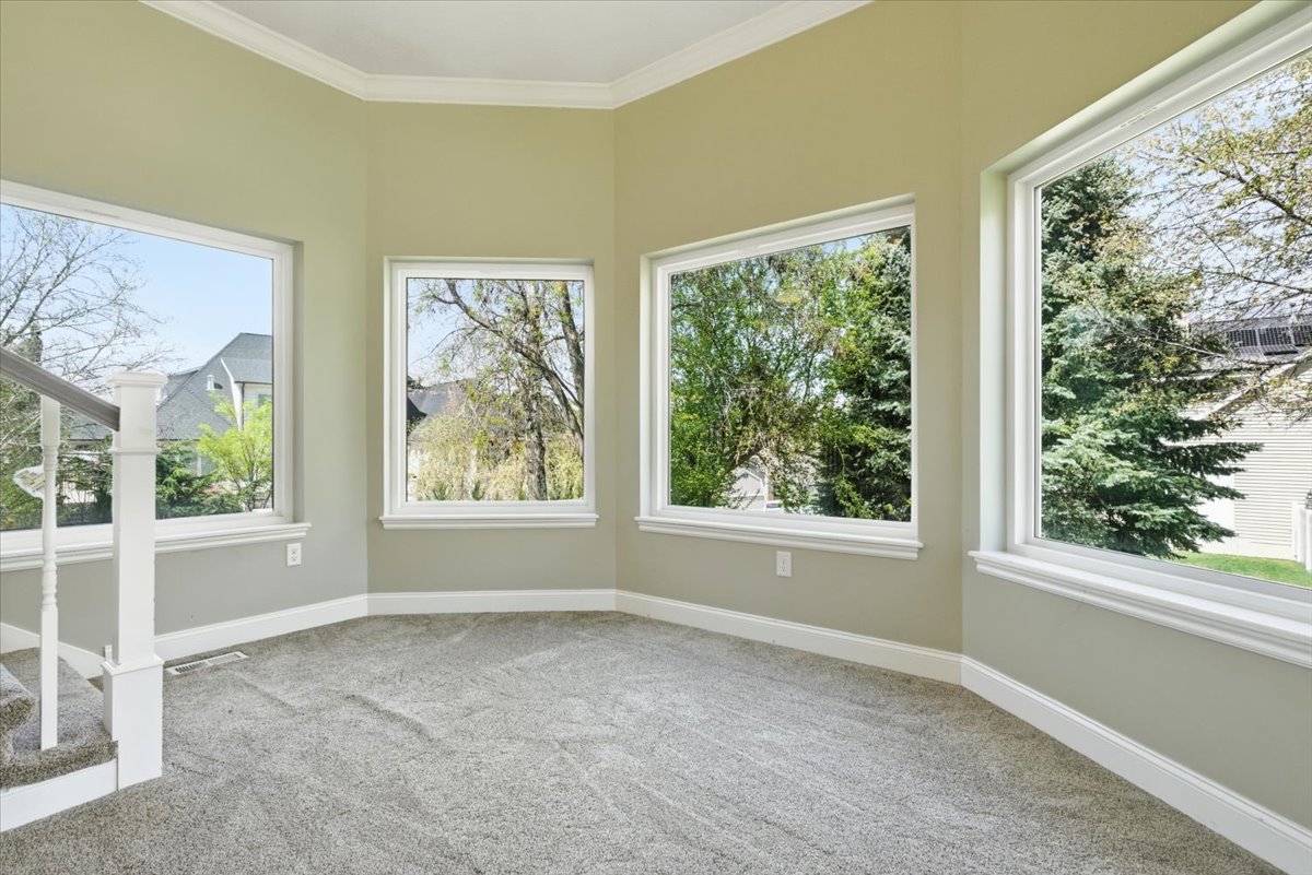 Unfurnished sunroom with carpet and crown molding