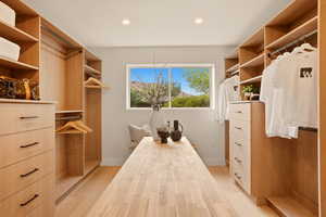 EXQUISITE PRIMARY CLOSET WITH CUSTOM BUILT-INS AND ROOM FOR MASSAGE OR FOLDING TABLE
