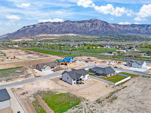 Aerial perspective of suburban area with mountains