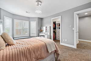 Carpeted bedroom featuring a walk in closet and baseboards