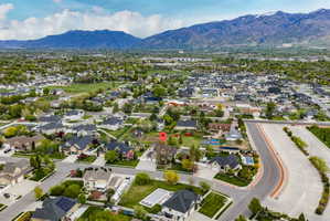 Aerial perspective of suburban area with mountains