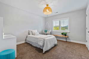 Bedroom with baseboards and carpet