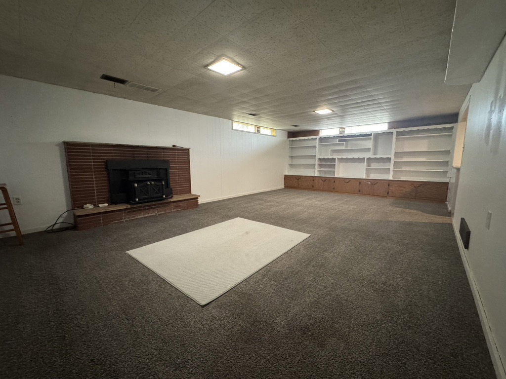 Basement featuring dark colored carpet and a fireplace.