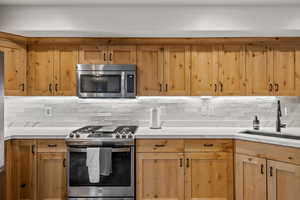 Kitchen featuring stainless steel appliances, decorative backsplash, and light wood finish cabinetry