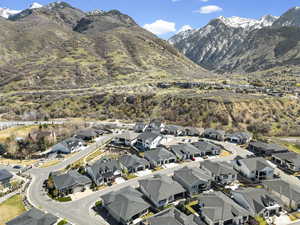 Aerial perspective of suburban area featuring mountains