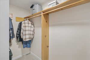 Walk in closet with light carpet