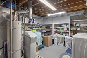 Storage with washer / dryer and strapped water heater