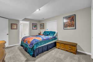 Bedroom with light colored carpet