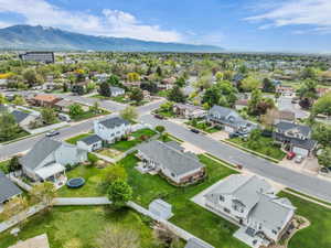 Aerial perspective of suburban area featuring mountains