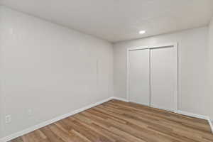 Bedroom with light wood-type flooring, a closet, and recessed lighting