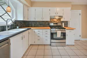 Kitchen with stainless steel appliances, tasteful backsplash, white cabinets, butcher block countertops